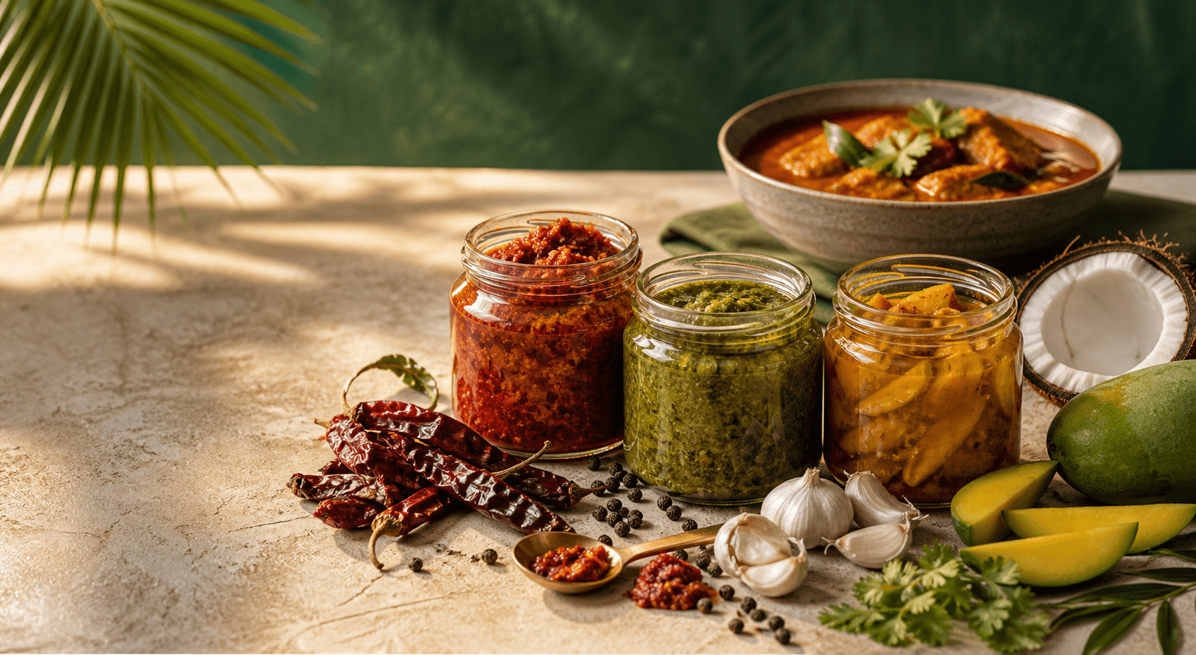 Goan-inspired masalas, mango pickle and fresh ingredients on a sunlit table
